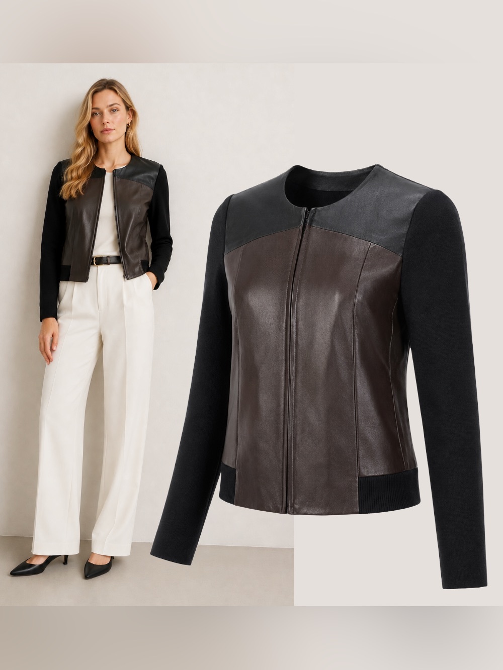 Leather Jacket Wool Knit Sweater Chocolate Brown Black Zip Round Neck Moto Sz XS